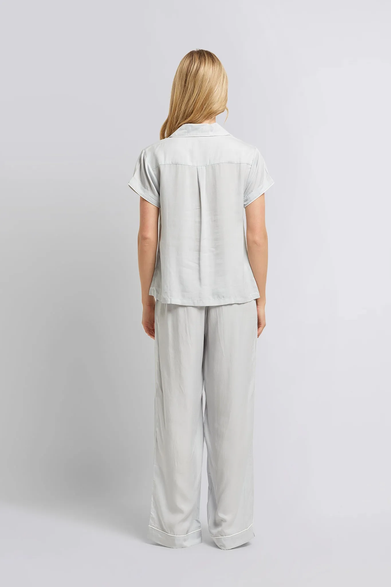 Eva Short Sleeve with Long Pant Tencel™ Pyjama Set - Eggshell Blue with White Piping