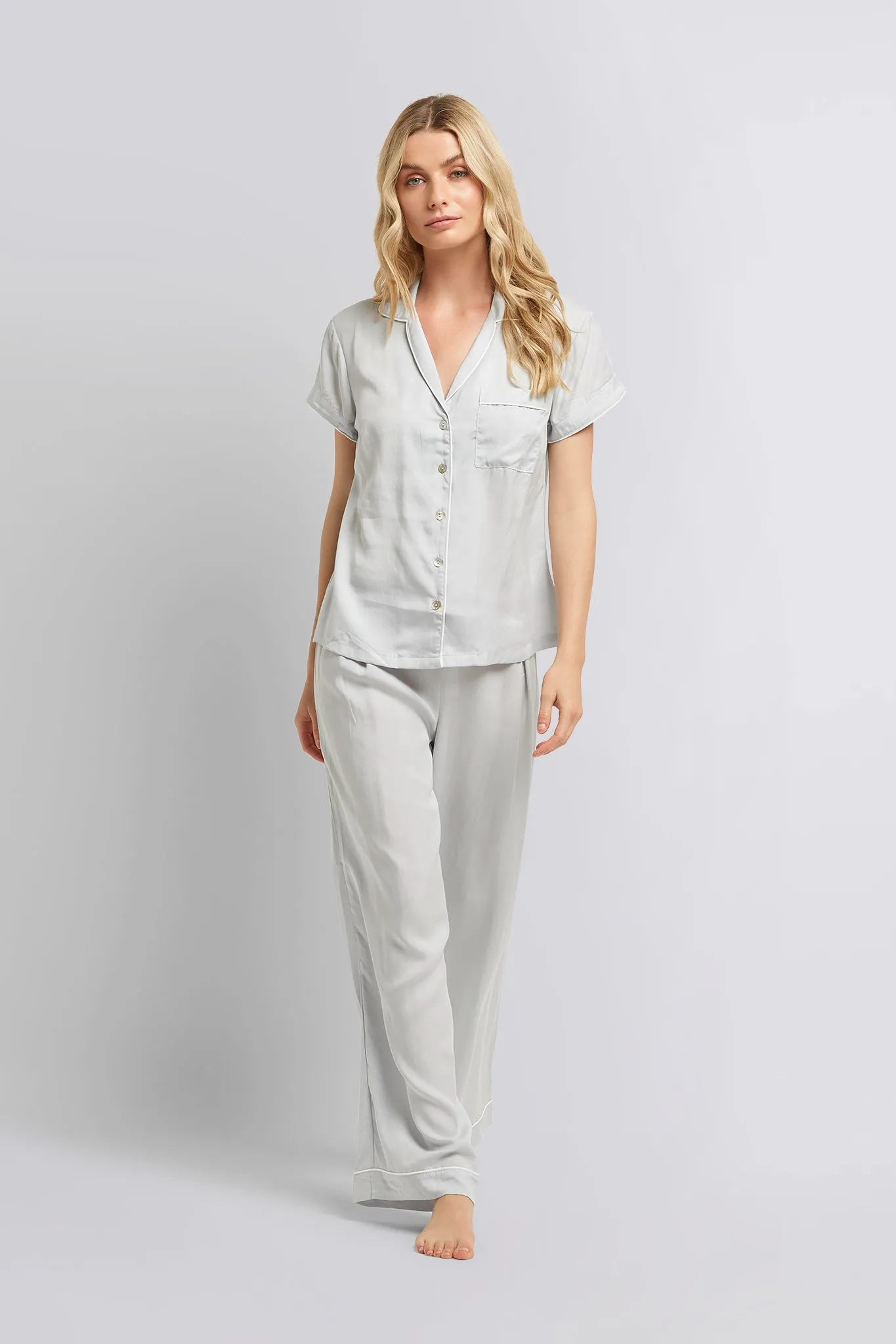 Eva Short Sleeve with Long Pant Tencel™ Pyjama Set - Eggshell Blue with White Piping