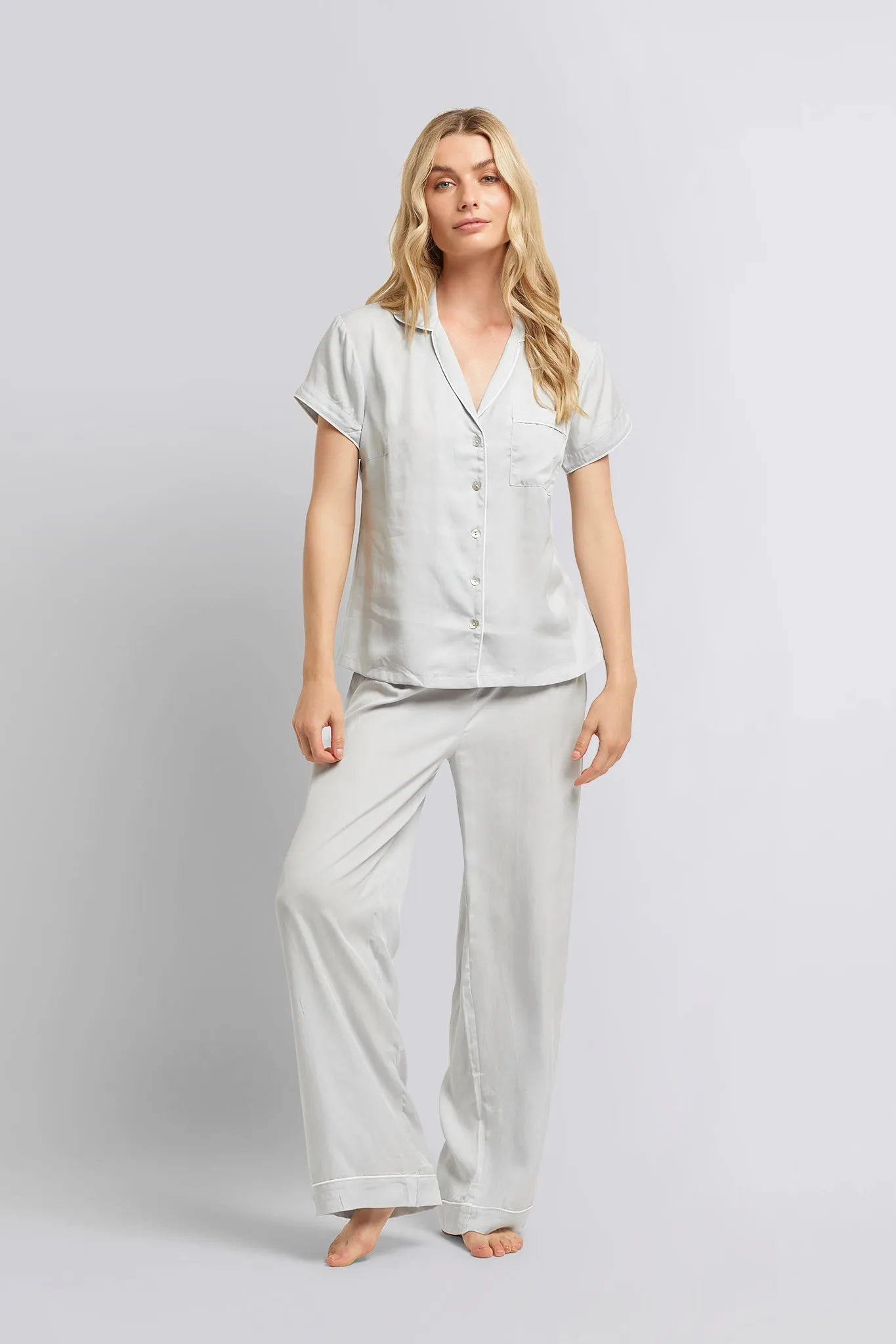 Eva Short Sleeve with Long Pant Tencel™ Pyjama Set - Eggshell Blue with White Piping
