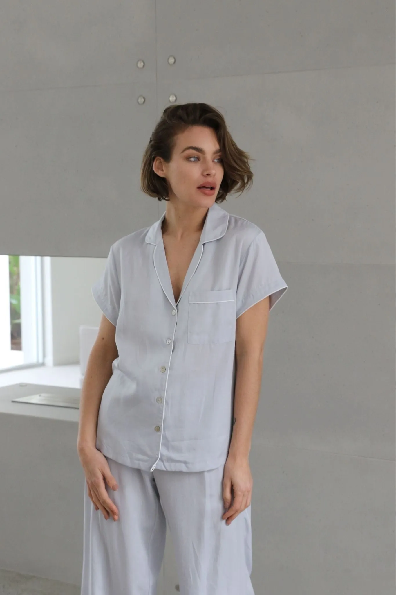 Eva Short Sleeve with Long Pant Tencel™ Pyjama Set - Eggshell Blue with White Piping