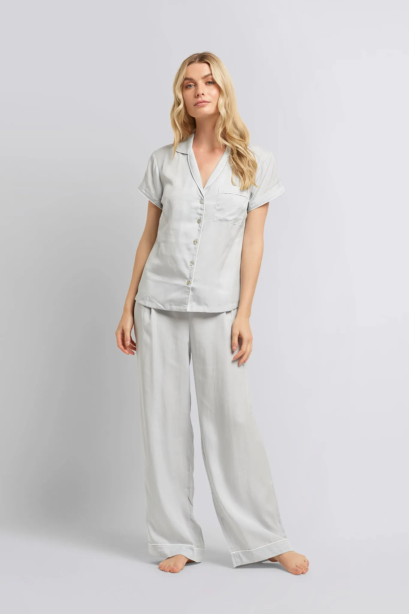 Eva Short Sleeve with Long Pant Tencel™ Pyjama Set - Eggshell Blue with White Piping