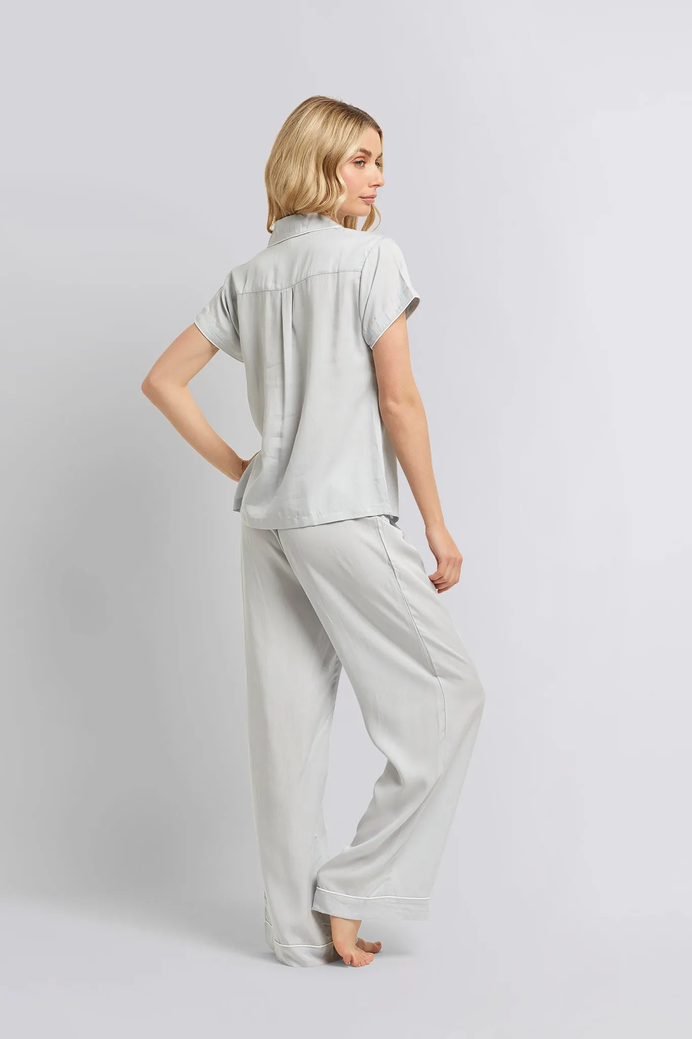 Eva Short Sleeve with Long Pant Tencel™ Pyjama Set - Eggshell Blue with White Piping