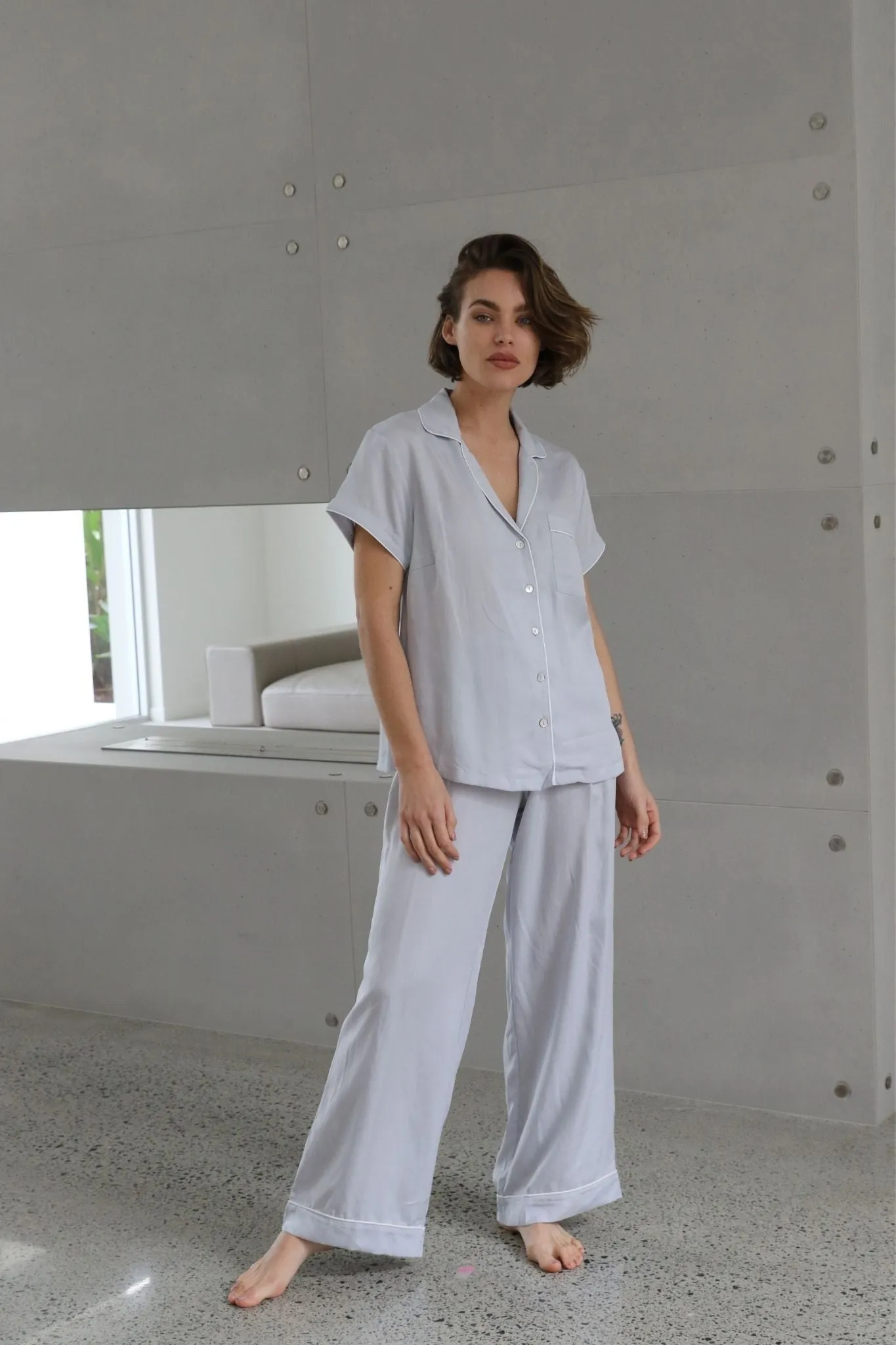 Eva Short Sleeve with Long Pant Tencel™ Pyjama Set - Eggshell Blue with White Piping