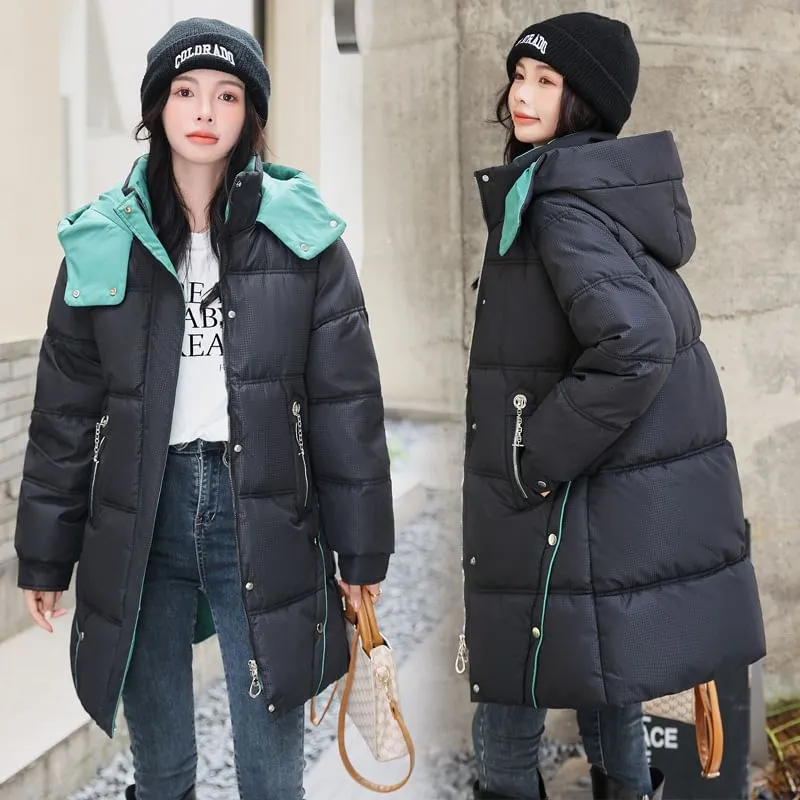 Hooded Two Tone Plain Puffer Coat