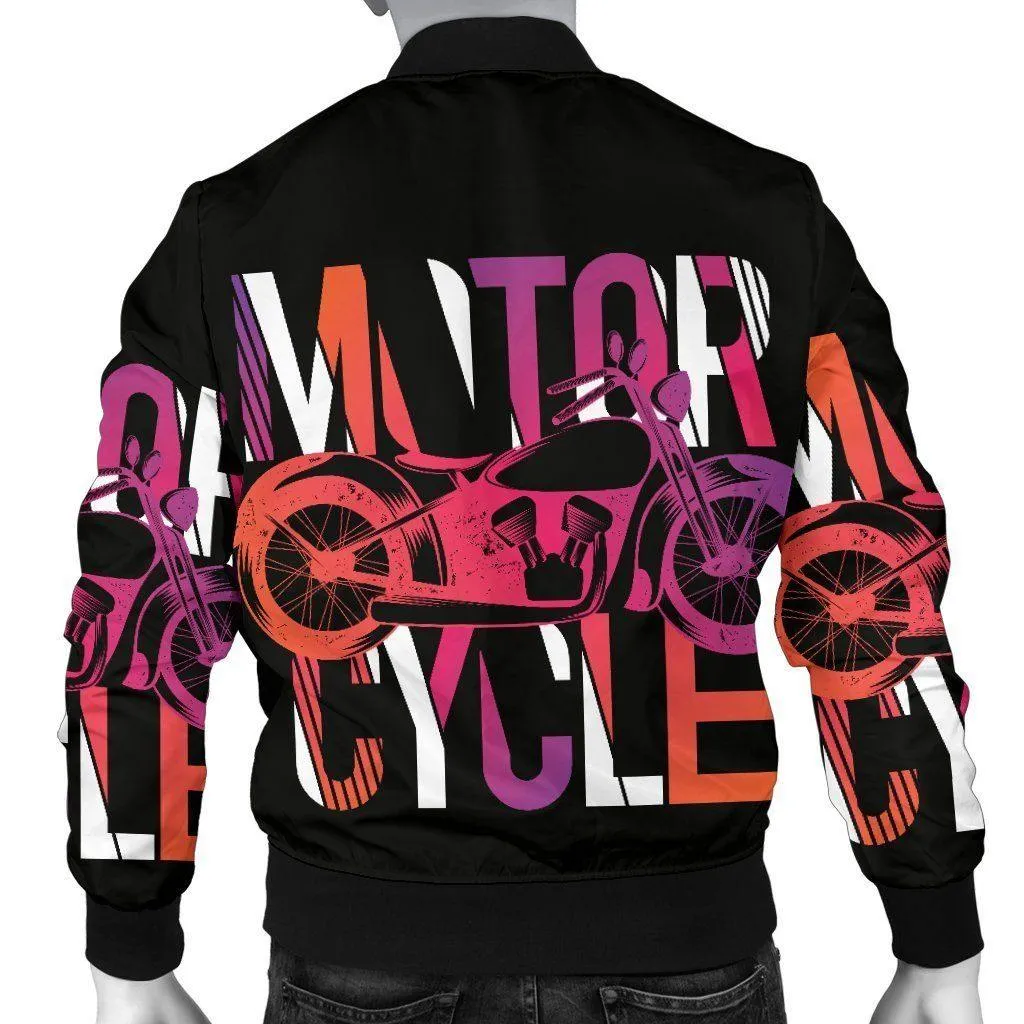 Men's Motorcycle Obsession Bomber Jacket, Polyester, S-4XL, Black with Colorful Letter & Motorcycle print
