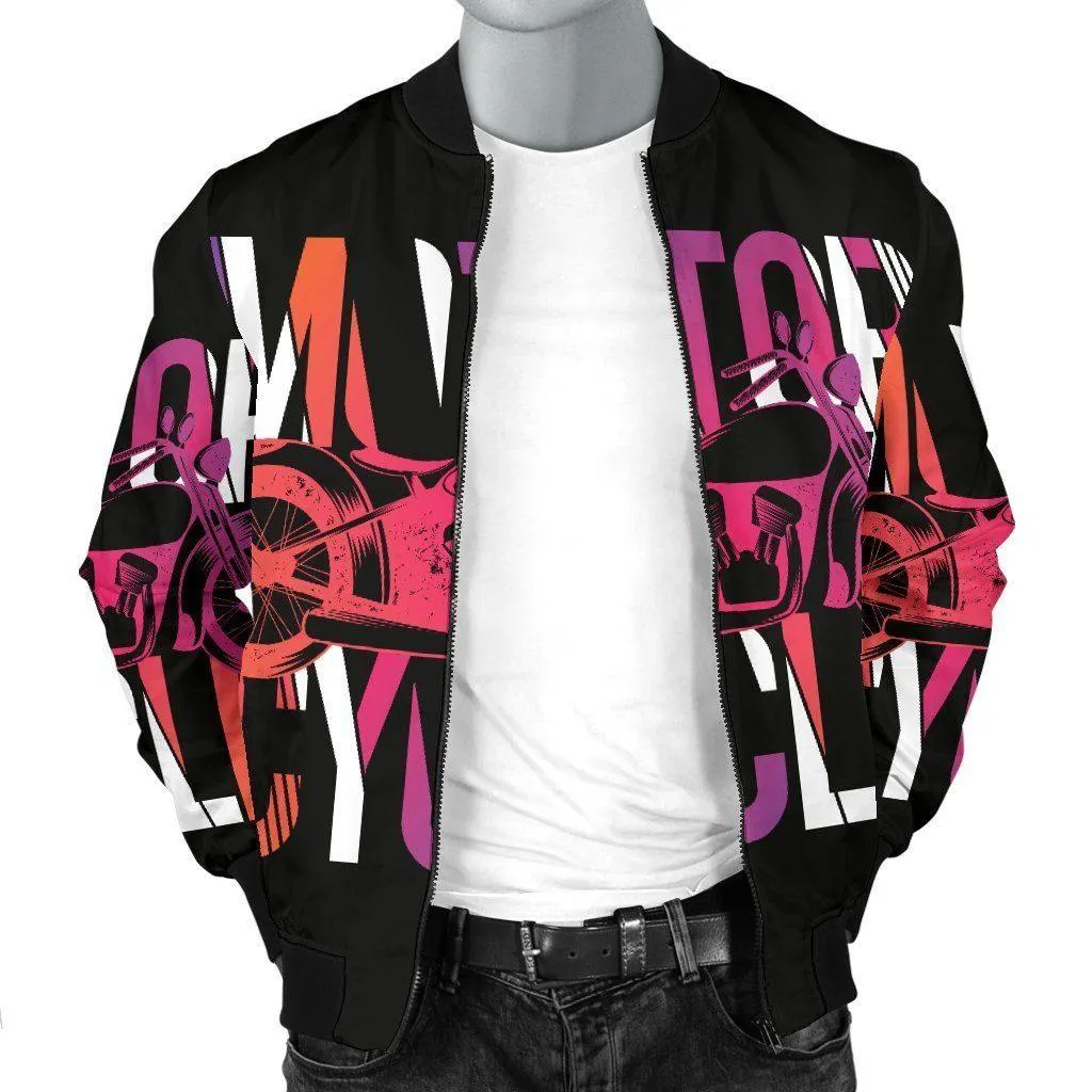 Men's Motorcycle Obsession Bomber Jacket, Polyester, S-4XL, Black with Colorful Letter & Motorcycle print
