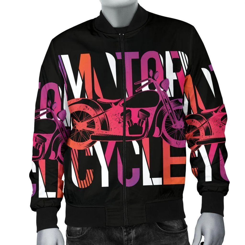 Men's Motorcycle Obsession Bomber Jacket, Polyester, S-4XL, Black with Colorful Letter & Motorcycle print