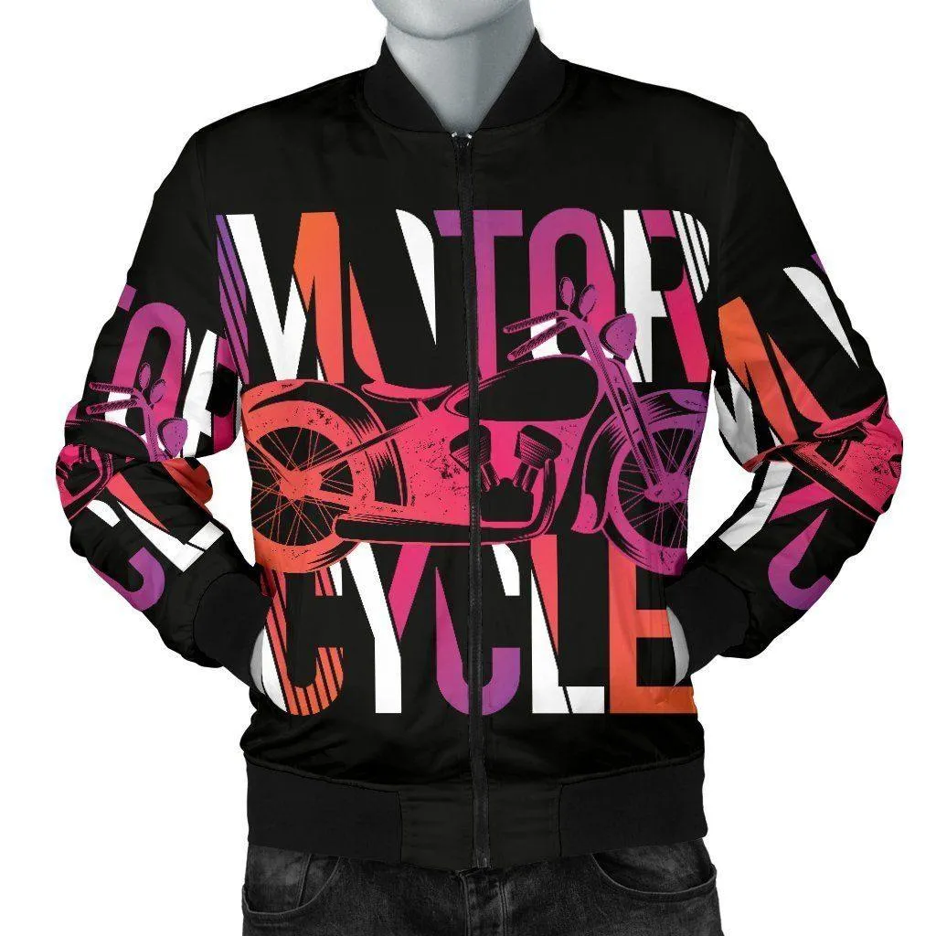 Men's Motorcycle Obsession Bomber Jacket, Polyester, S-4XL, Black with Colorful Letter & Motorcycle print