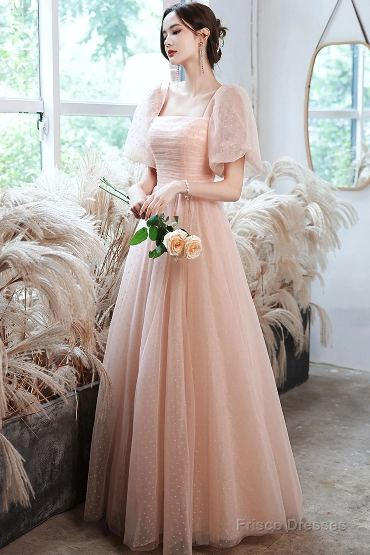 Pink Tulle Long Prom Dresses, A-Line Evening Dresses