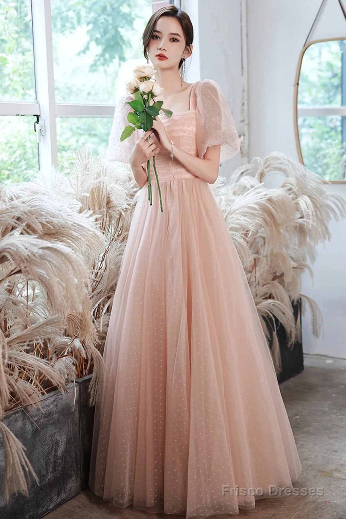 Pink Tulle Long Prom Dresses, A-Line Evening Dresses
