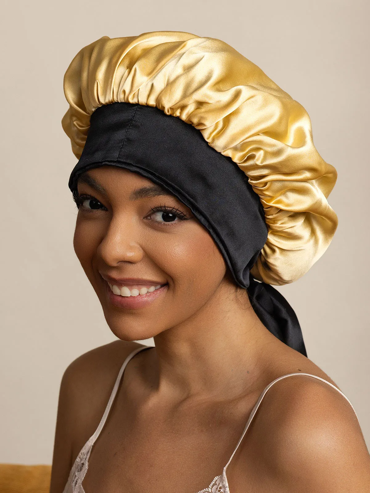 Pure Silk Casual Nightcap with Long Ribbons (Two-tone and Double-sided)