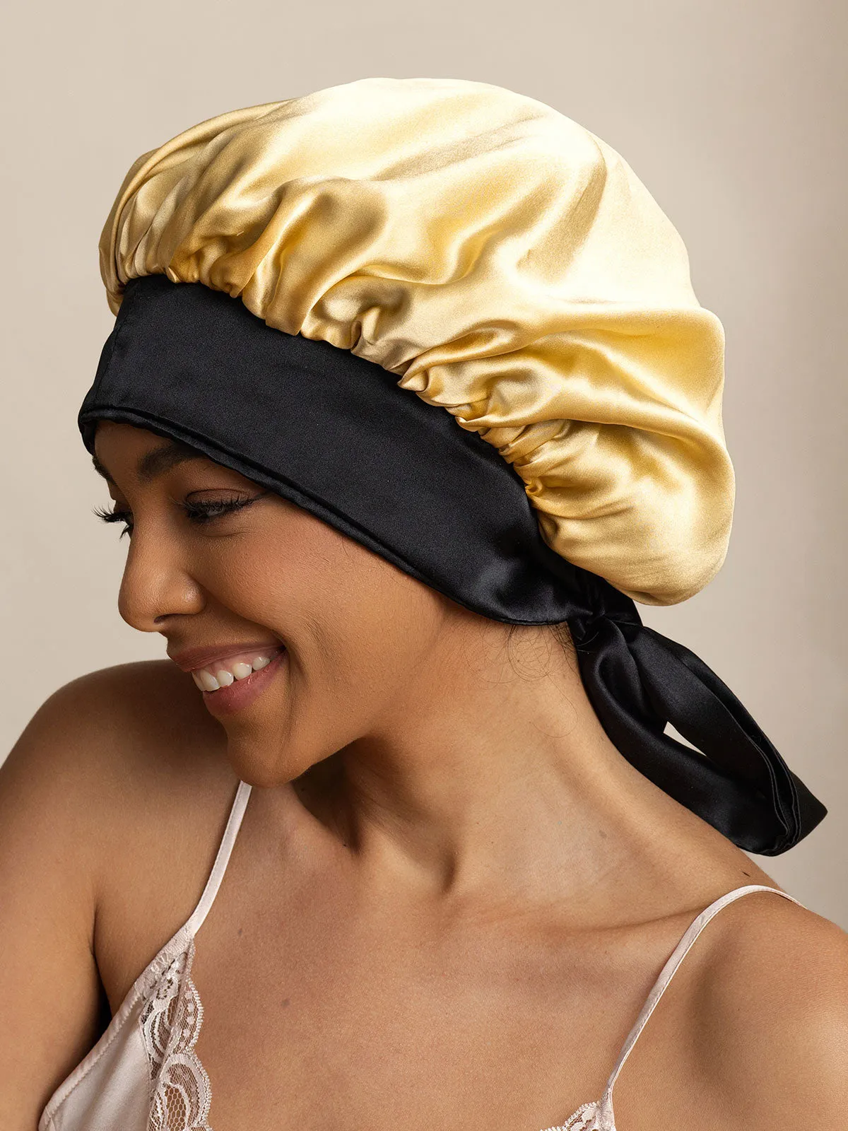 Pure Silk Casual Nightcap with Long Ribbons (Two-tone and Double-sided)