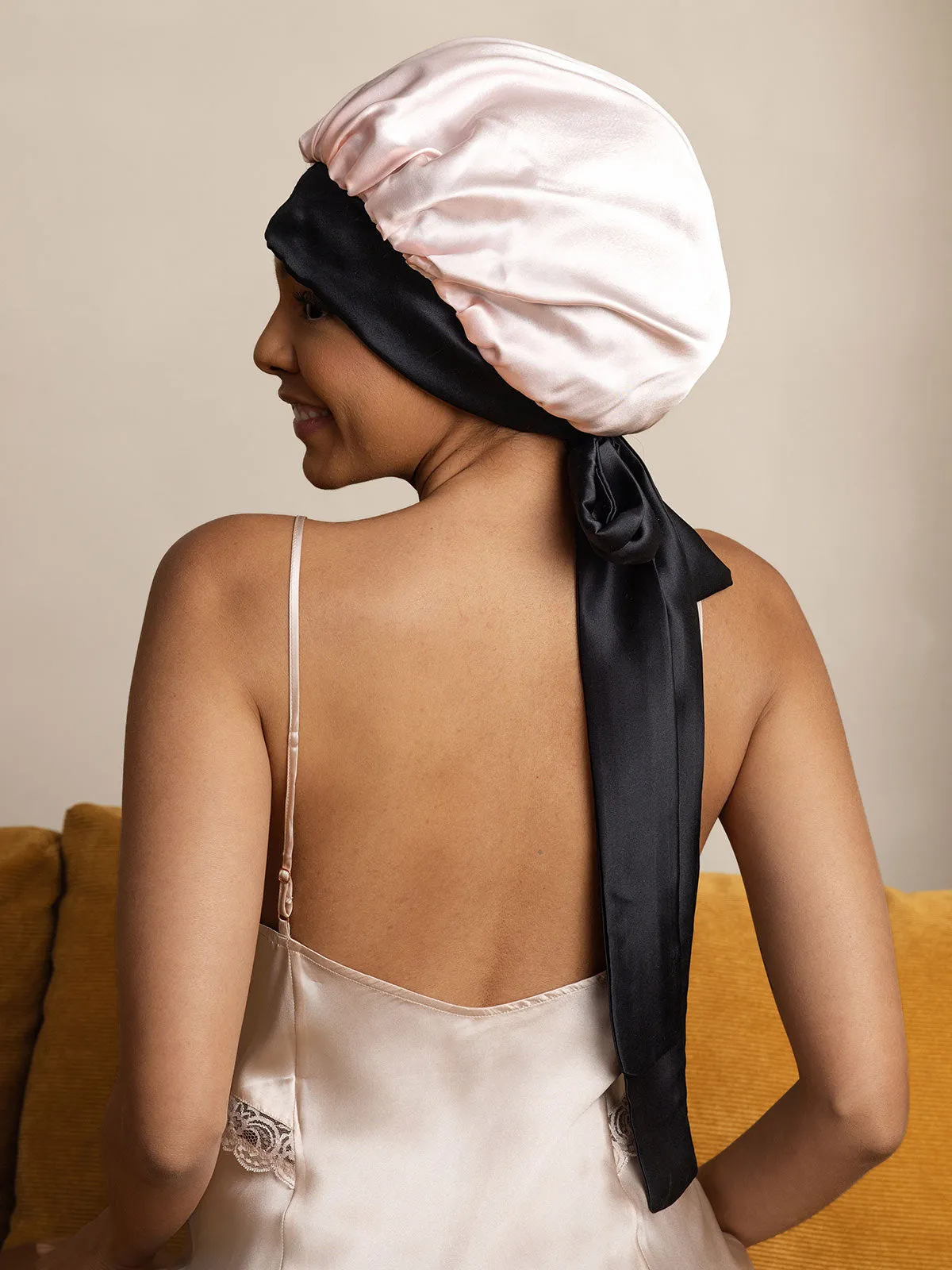 Pure Silk Casual Nightcap with Long Ribbons (Two-tone and Double-sided)