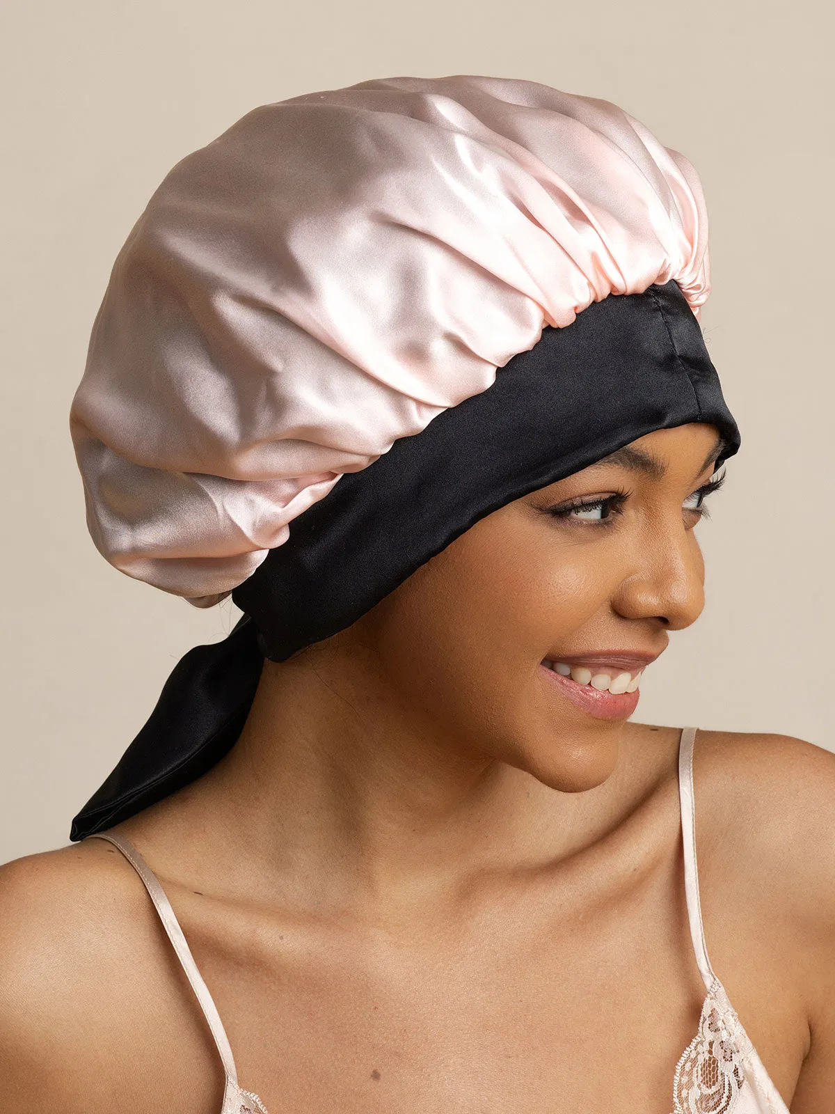 Pure Silk Casual Nightcap with Long Ribbons (Two-tone and Double-sided)