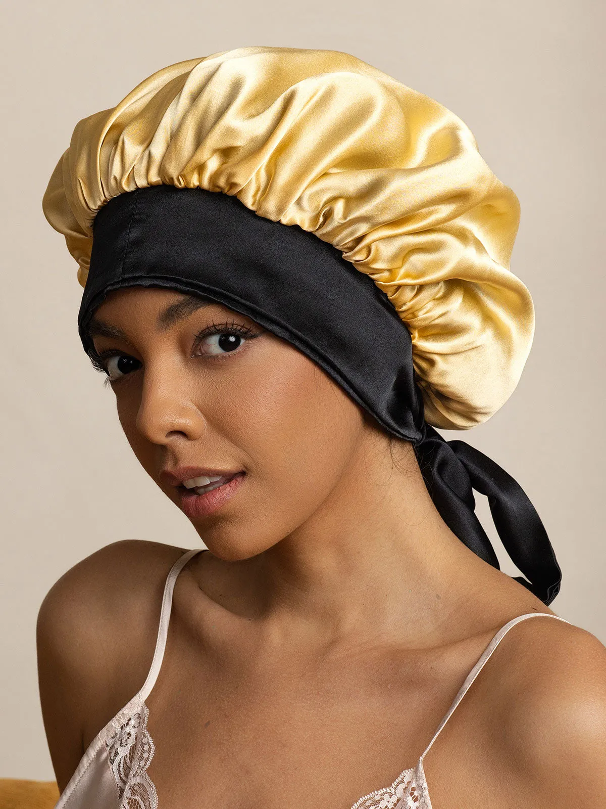 Pure Silk Casual Nightcap with Long Ribbons (Two-tone and Double-sided)