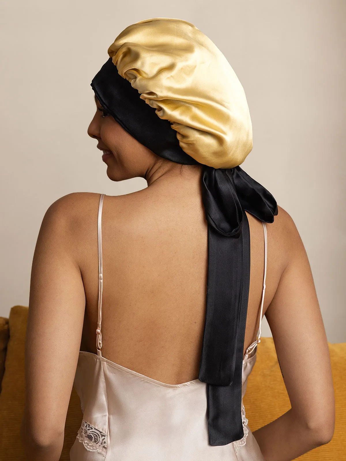 Pure Silk Casual Nightcap with Long Ribbons (Two-tone and Double-sided)