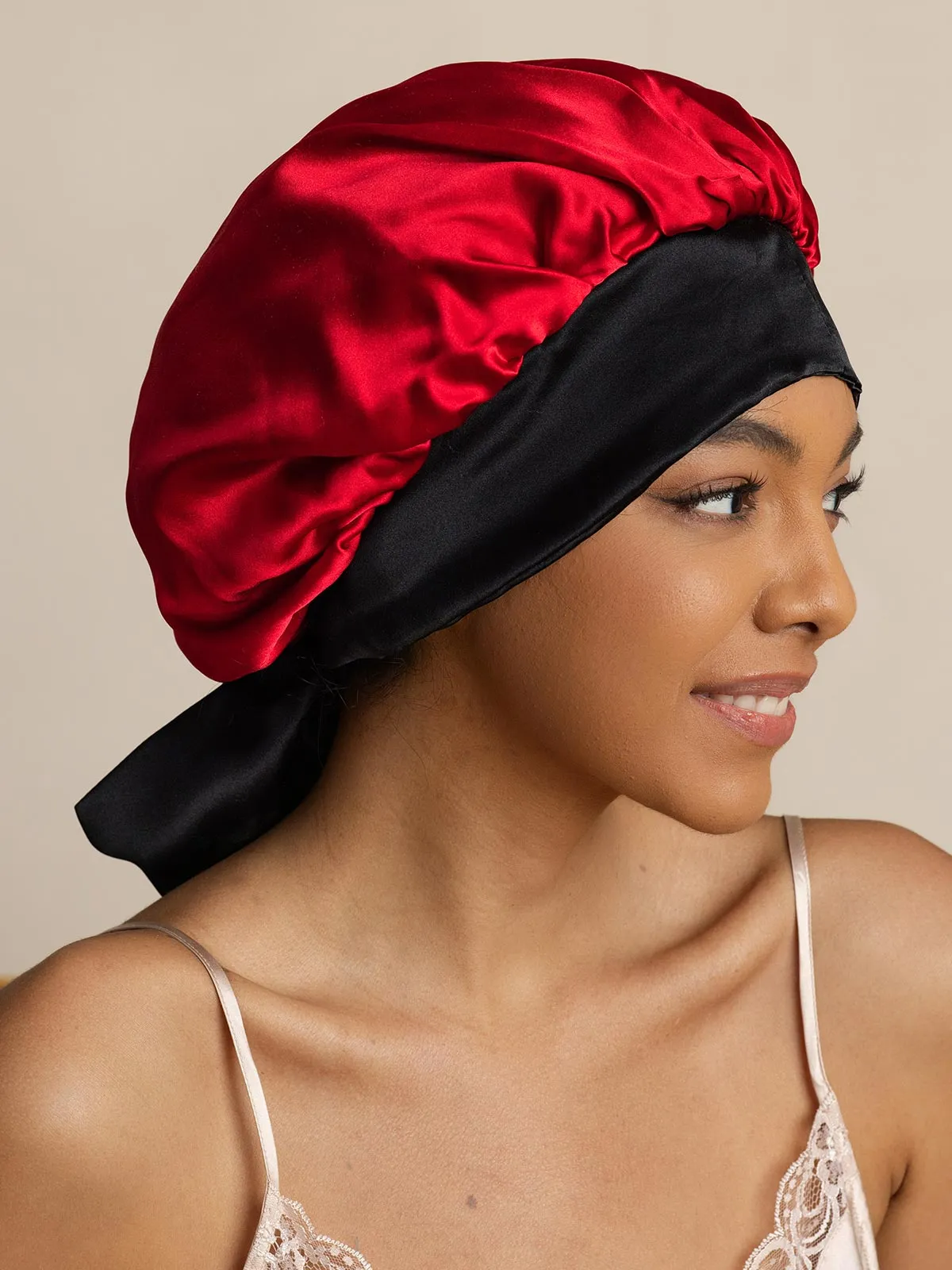 Pure Silk Casual Nightcap with Long Ribbons (Two-tone and Double-sided)