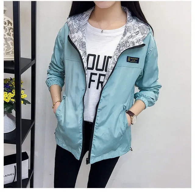 Spring Autumn Fashion women Bomber women Jacket Pocket Zipper Hooded Two Side Wear Outwear Loose Plus Size Windbreaker Famale