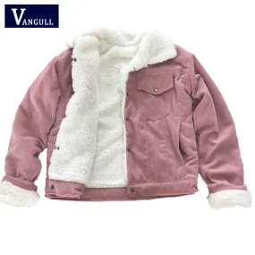 Vangull Corduroy Women Padded Jacket Thick Velvet Jacket 2020 Winter Warm Solid Outerwear Long Sleeve Vintage Short Women Coat