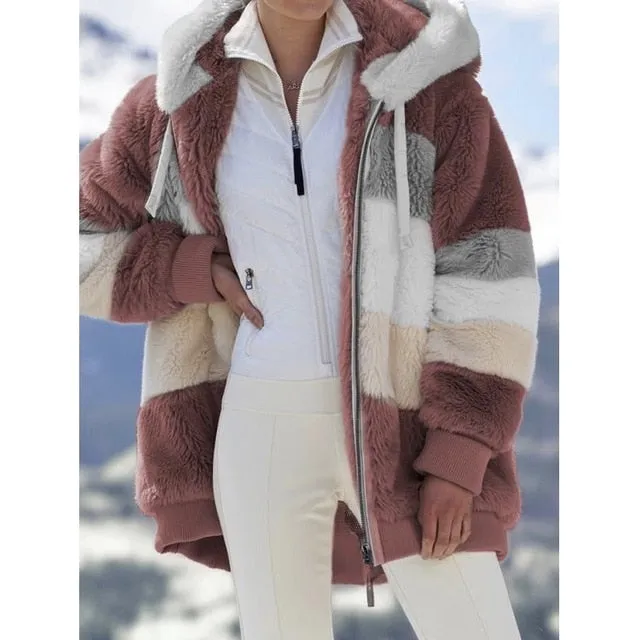 Winter women jacket fashion Plush patchwork zipper pocket winter Hooded jacket retro loose Long Sleeve Plus Size Women Top Coat