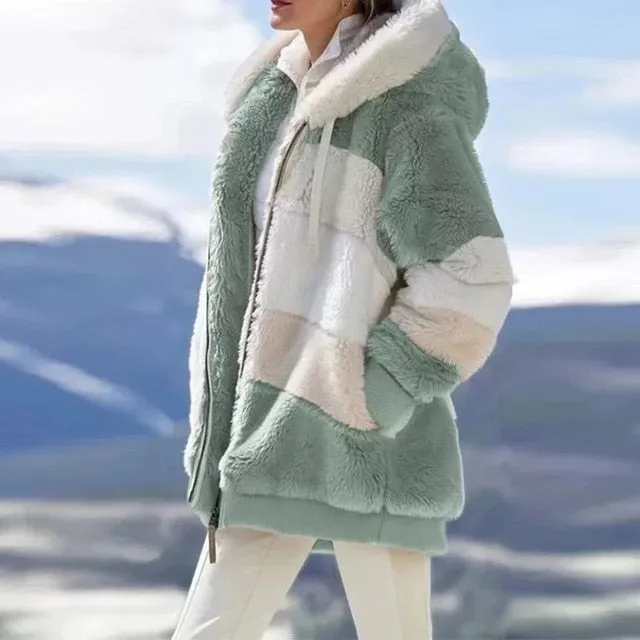 Winter women jacket fashion Plush patchwork zipper pocket winter Hooded jacket retro loose Long Sleeve Plus Size Women Top Coat