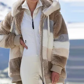 Winter women jacket fashion Plush patchwork zipper pocket winter Hooded jacket retro loose Long Sleeve Plus Size Women Top Coat