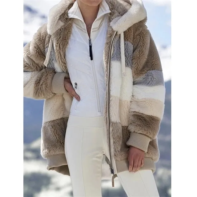 Winter women jacket fashion Plush patchwork zipper pocket winter Hooded jacket retro loose Long Sleeve Plus Size Women Top Coat