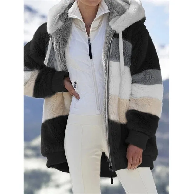 Winter women jacket fashion Plush patchwork zipper pocket winter Hooded jacket retro loose Long Sleeve Plus Size Women Top Coat