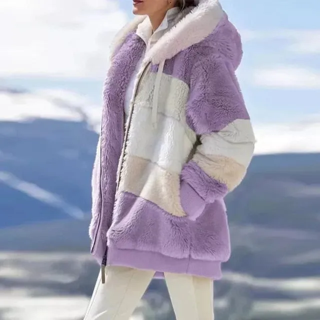 Winter women jacket fashion Plush patchwork zipper pocket winter Hooded jacket retro loose Long Sleeve Plus Size Women Top Coat