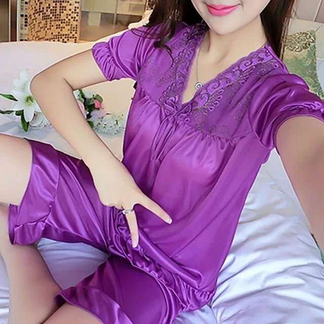 Women Imitated Silk V-Neck Pajamas Set