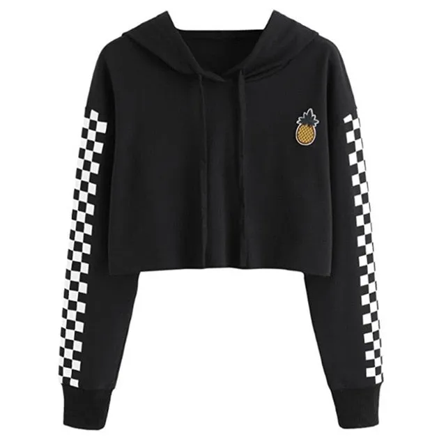 Women Tops Sweatshirt Pineapple Embroidered Gingham Plaid Hoodies Pullover Student