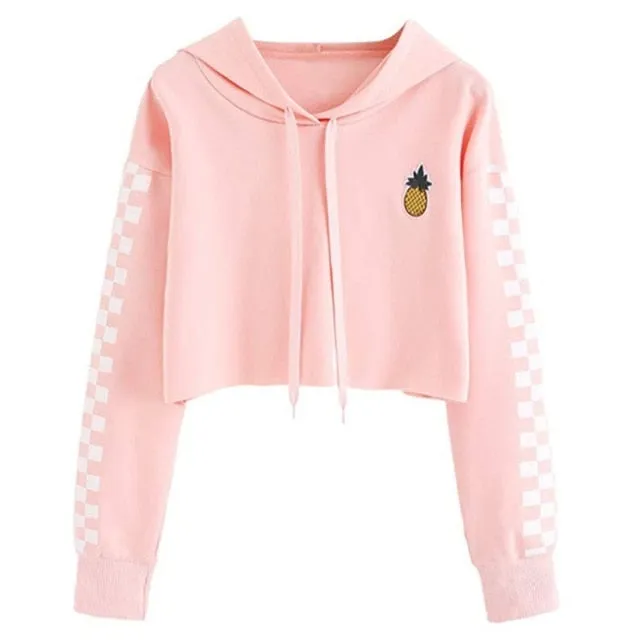 Women Tops Sweatshirt Pineapple Embroidered Gingham Plaid Hoodies Pullover Student