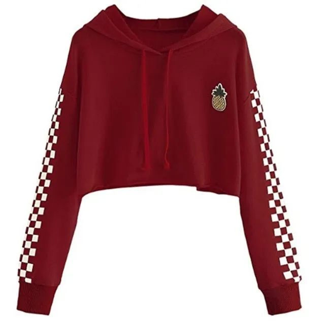 Women Tops Sweatshirt Pineapple Embroidered Gingham Plaid Hoodies Pullover Student