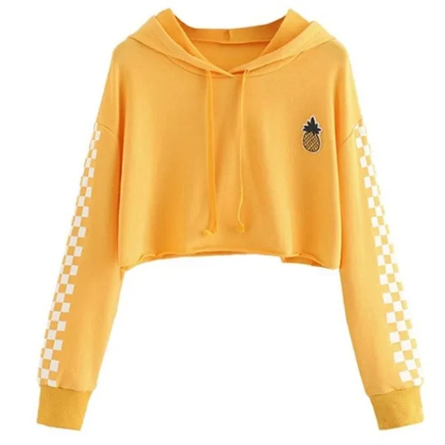 Women Tops Sweatshirt Pineapple Embroidered Gingham Plaid Hoodies Pullover Student