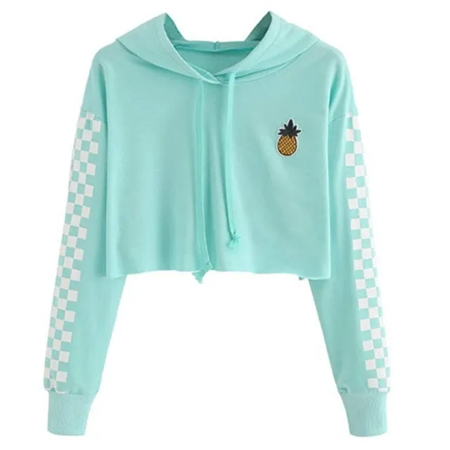 Women Tops Sweatshirt Pineapple Embroidered Gingham Plaid Hoodies Pullover Student